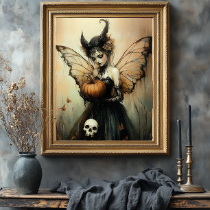 Halloween Dark Fairy with Pumpkin and Skull Photo Print