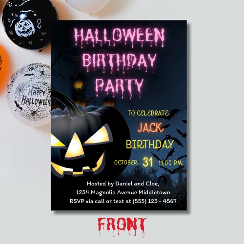 Halloween Dark Glowing Pumpkin Birthday Party Invitation
