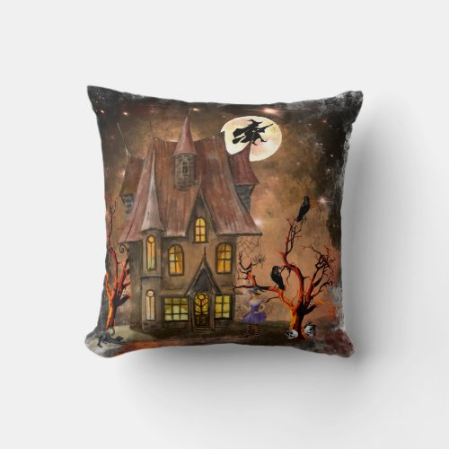 Halloween Dark Haunted House Witch Skulls Cat Throw Pillow
