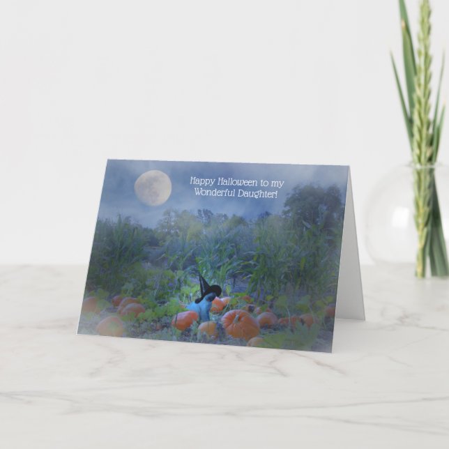 Halloween Daughter Cute With Witch Cat and Pumpkin Card (Front)