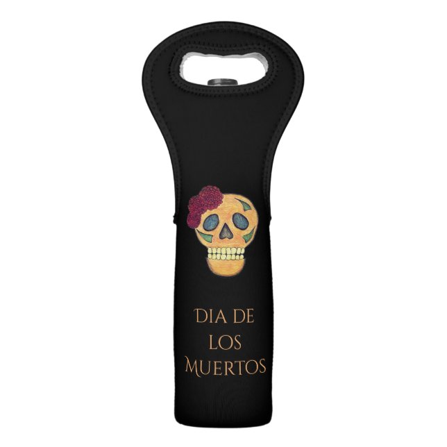 Halloween Day of the Dead Sugar Skull Black  Wine Bag (Front)