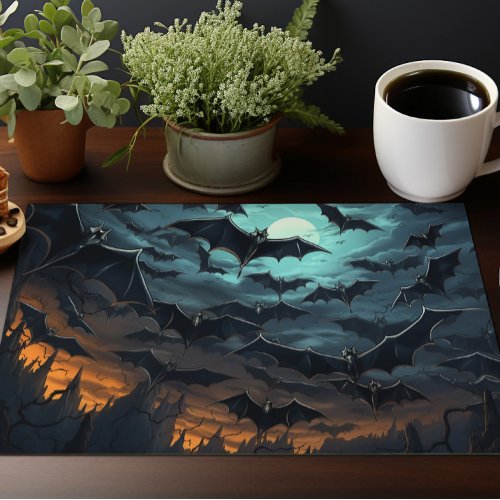 Halloween Decor Large Bats Flying In Full Moon Cloth Placemat