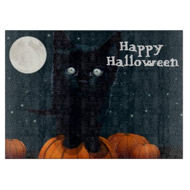 Halloween Decorative Glass Cutting Board/Black Cat Board (Front)