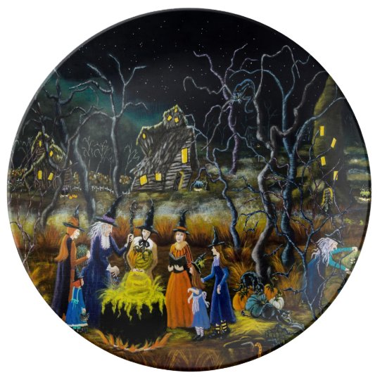 Halloween decorative plates, witches with cauldron porcelain plate