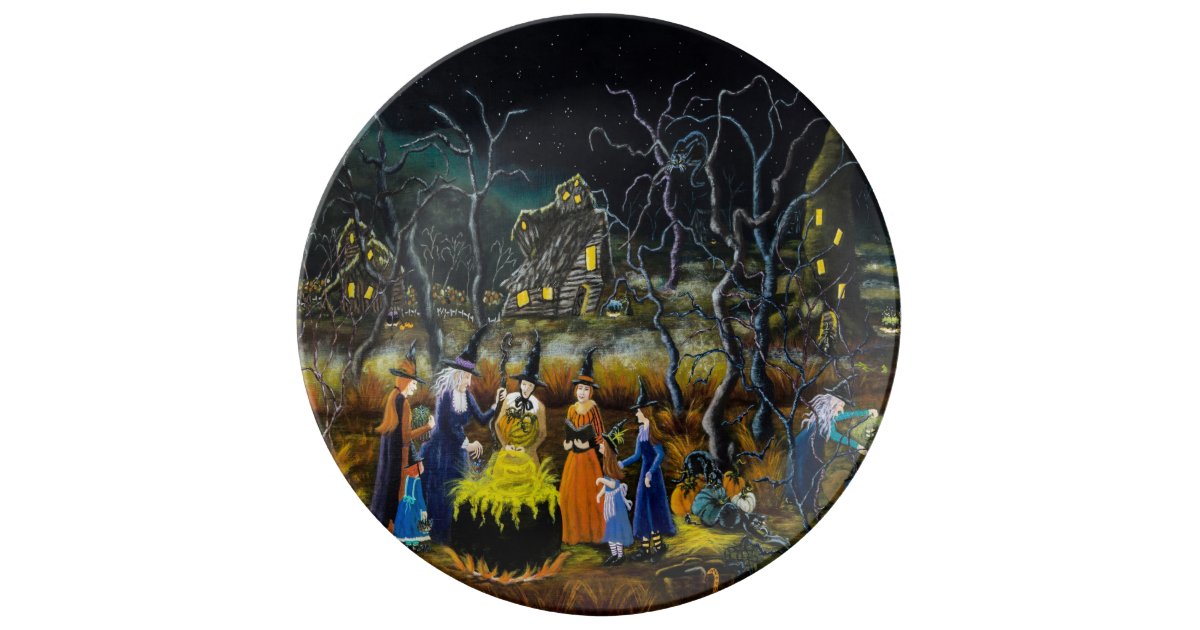Halloween Decorative Plates Witches With Cauldron Porcelain Plate