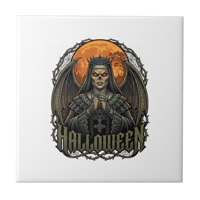 Halloween Demon Nun Crown Wings Orange Moon_1 Ceramic Tile (Front)