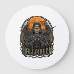 Halloween Demon Nun Crown Wings Orange Moon_1 Large Clock