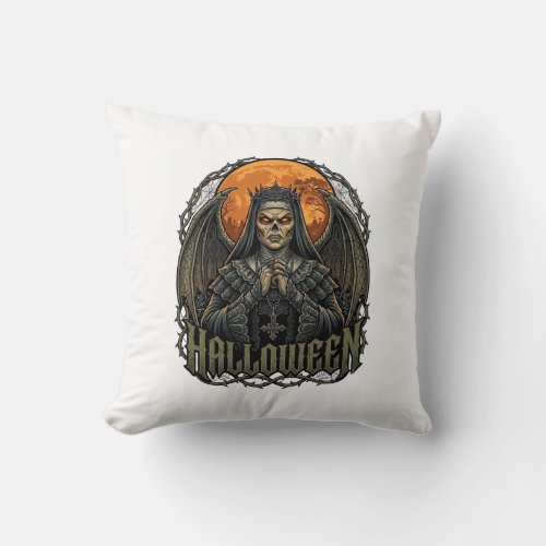 Halloween Demon Nun Crown Wings Orange Moon_1 Throw Pillow