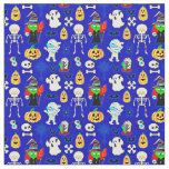 Halloween Designs Icons on Blue Fabric
