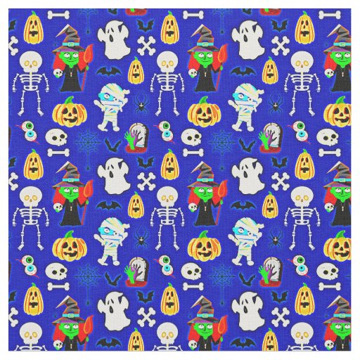 Halloween Designs Icons on Blue Fabric