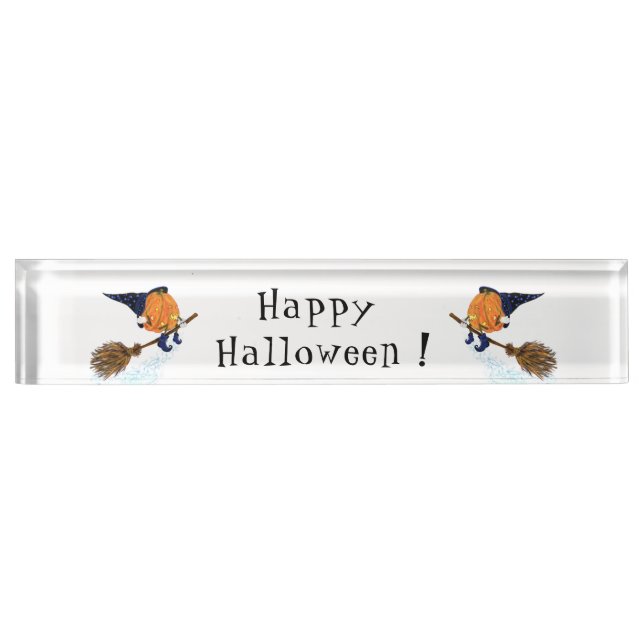 Halloween Desk Name Plate Witch Pumpkin Flying (Front)