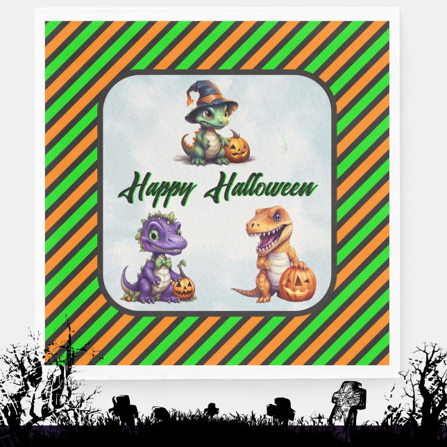 Halloween Dinosaur Dino-Mash Party Napkins (Halloween Dino Napkins in Green and Orange Stripe)