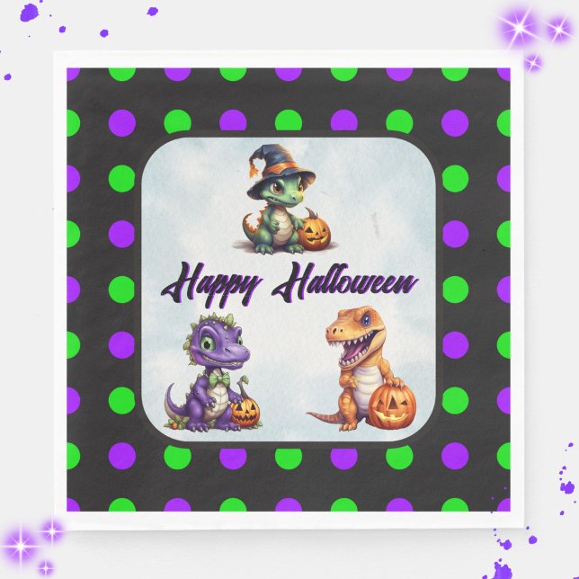 Halloween Dinosaur Dino-Mash Party Napkins (Happy Halloween Dino Napkins with Purple Font)