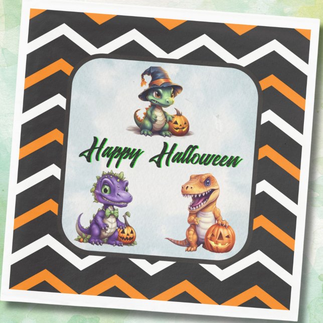 Halloween Dinosaur Dino-Mash Party Napkins (Halloween Dino Party Napkins with Chevron Stripes)