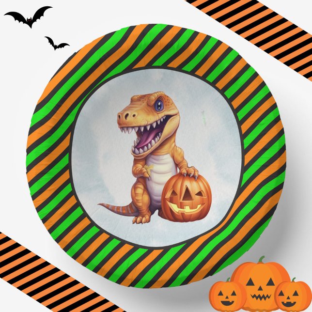 Halloween Dinosaur Dino-Mash Party Paper Bowls (T-Rex Dino Halloween Bowls with Stripes)