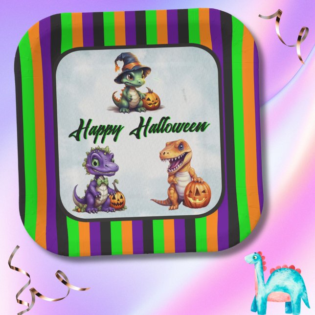 Halloween Dinosaur Dino-Mash Party Paper Plates (Halloween Dinosaur Stripe Happy Halloween Square Paper Plates for Party)