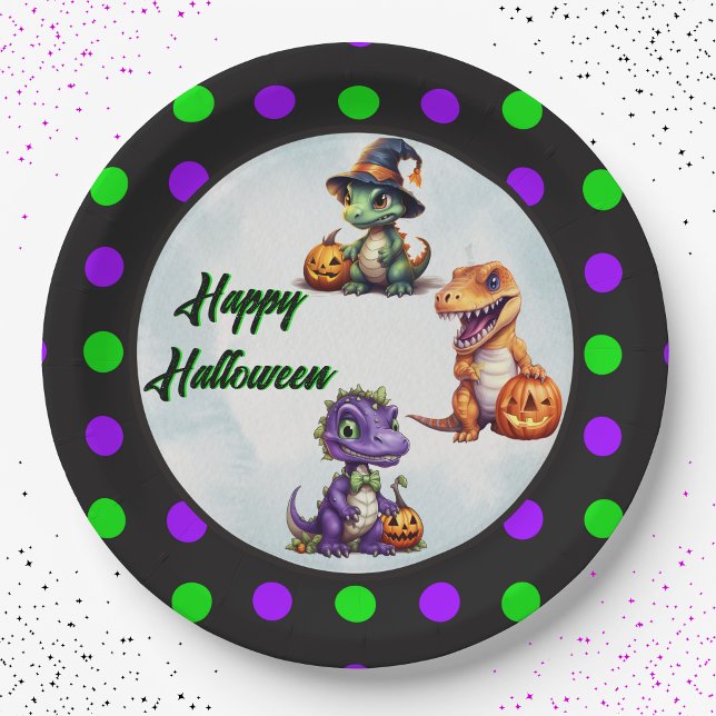 Halloween Dinosaur Dino-Mash Party Paper Plates (Super cute 3 dino Happy Halloween polka dot paper party plates!)