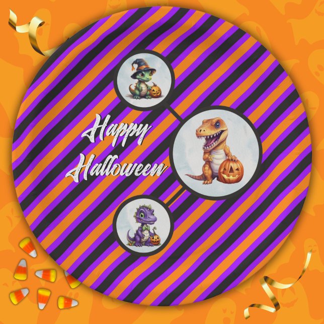 Halloween Dinosaur Dino-Mash Party Paper Plates (Halloween Dinosaur Circle Paper Plates in Orange and Purple)