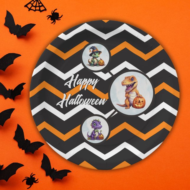 Halloween Dinosaur Dino-Mash Party Paper Plates (Halloween Dinosaur Circle Paper Plates in Orange and White Chevron Pattern)