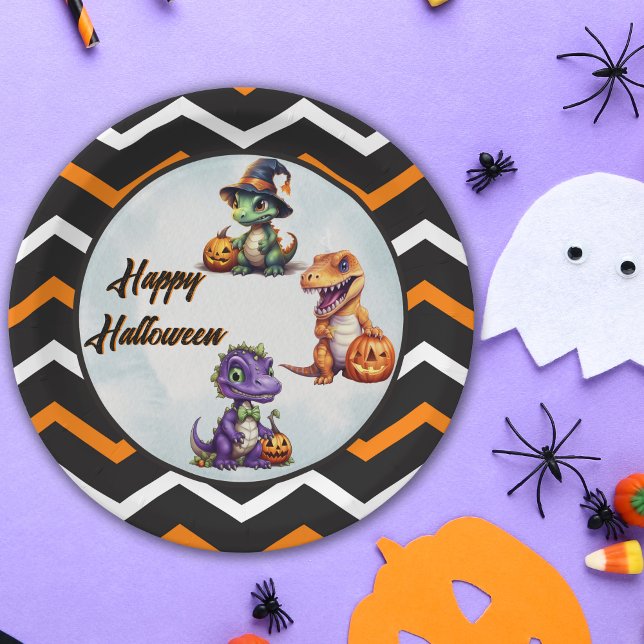 Halloween Dinosaur Dino-Mash Party Paper Plates (Orange, Black and White Dinosaur themed Halloween party plates.)