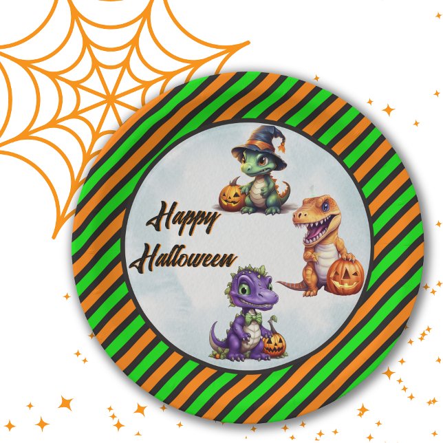 Halloween Dinosaur Dino-Mash Party Paper Plates (Green and Orange circular paper plates for Dinosaur Halloween party.)