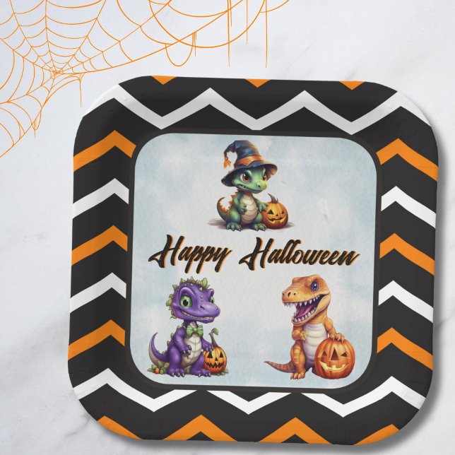 Halloween Dinosaur Dino-Mash Party Paper Plates (Orange White Black Stripe Dino Halloween Plate)