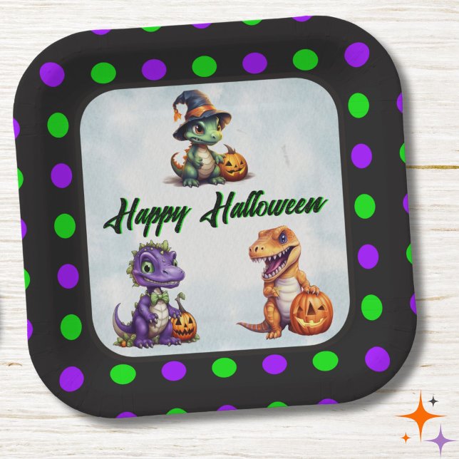 Halloween Dinosaur Dino-Mash Party Paper Plates (Polka Dot Halloween Plate)