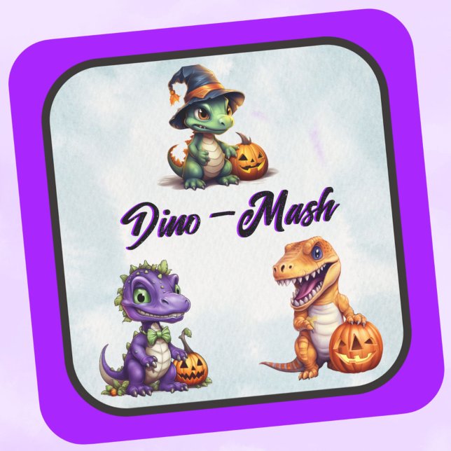 Halloween Dinosaur Dino-Mash Party Square Sticker (Triple DIno, Dino-Mash stickers for Halloween with Purple trim)