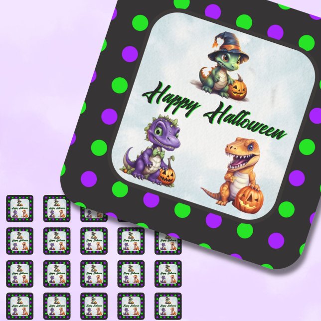 Halloween Dinosaur Dino-Mash Party Square Sticker (Polka Dot Dino Halloween Stickers)