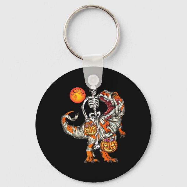 Halloween Dinosaur Skeleton T Rex Scary Pumpkin Mo Keychain (Front)