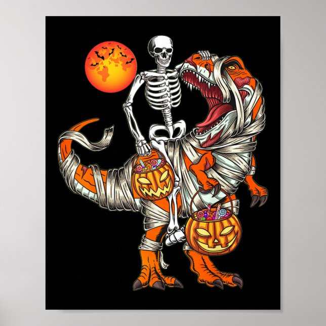 Halloween Dinosaur Skeleton T Rex Scary Pumpkin Mo Poster (Front)