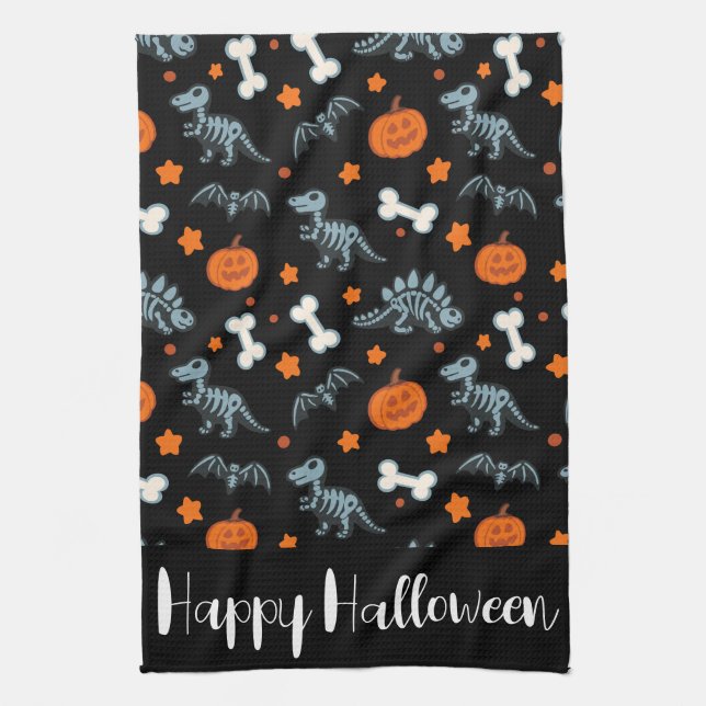 Halloween Dinosaur Skeletons Bats & Pumpkins Kitchen Towel (Vertical)