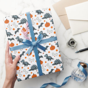 Halloween Dinosaur Skeletons Pumpkin & Bats Wrapping Paper