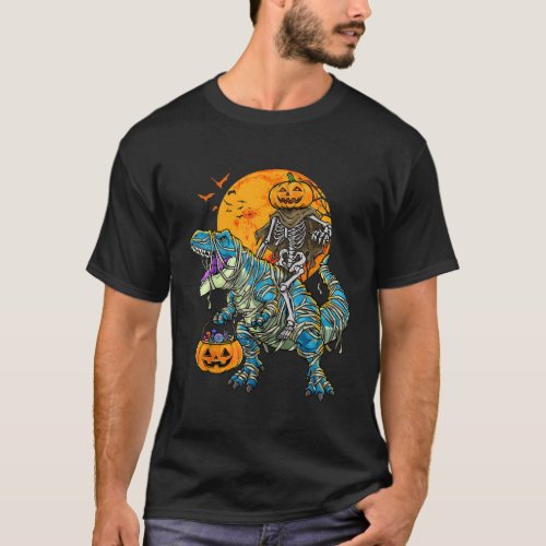 Halloween Dinosaur T Rex Mummy Pumpkin Candy Skele T_Shirt