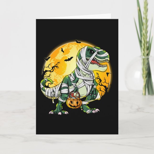 Halloween Dinosaur T-rex Mummy Pumpkin Card (Front)
