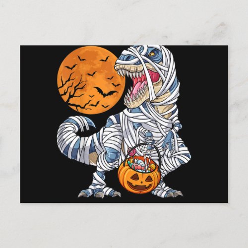 Halloween Dinosaur T rex Mummy Pumpkin Holiday Postcard
