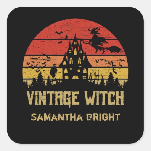 Halloween Distressed Vintage Witch Retro Sunset Square Sticker