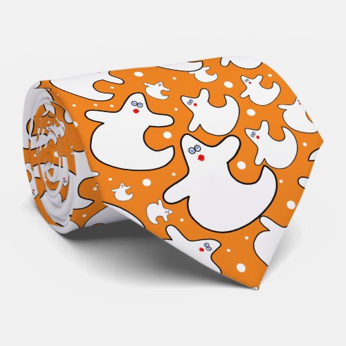Halloween Diva Ghost Random Iconic Pattern Orange Neck Tie