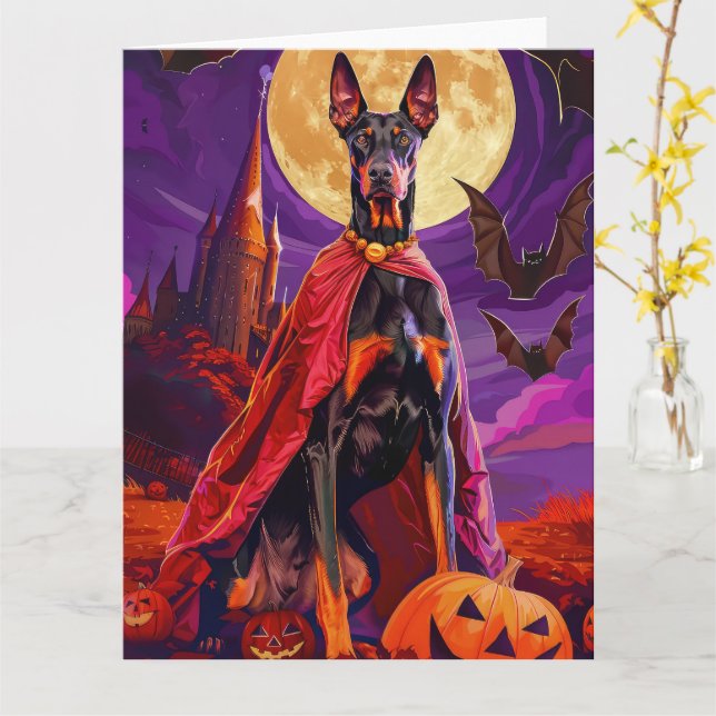 Halloween Doberman Vampire Pumpkins Scary Card (Yellow Flower)
