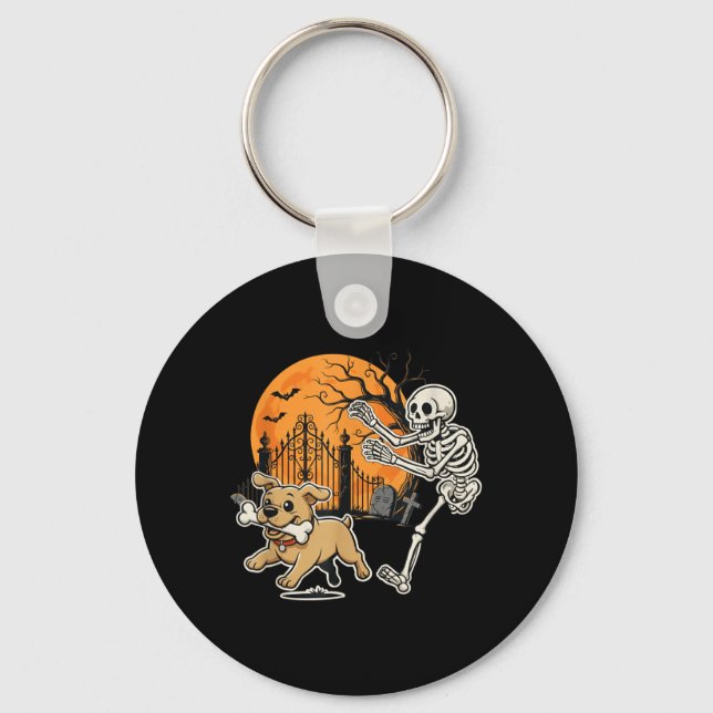 Halloween Dog Funny Skeleton Chasing Graveyard Keychain (Front)