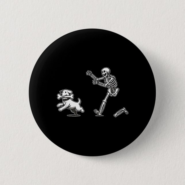 Halloween Dog Funny Skeleton Skeleton Chasing Dog Button (Front)