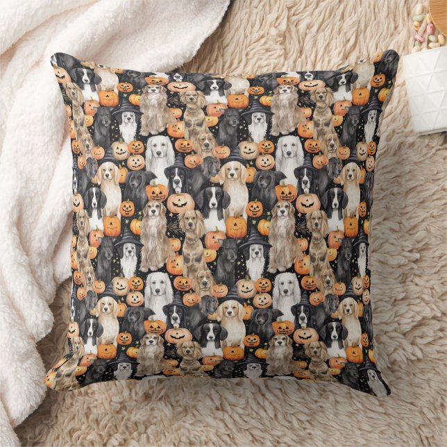Halloween Dog Party - Cute Dog Breeds with Pumpkin Throw Pillow (Blanket)