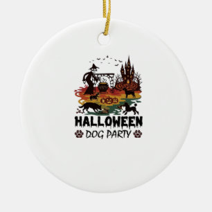 Halloween Dog Party Witch Dogs Pumpkins Castle_1 Ceramic Ornament