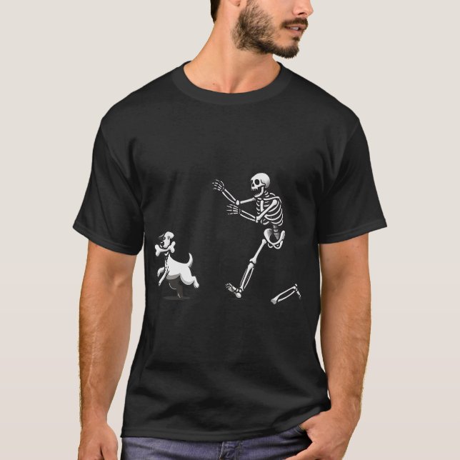  Halloween Dog Skeleton Skeleton Chasing Dog  T-Shirt (Front)