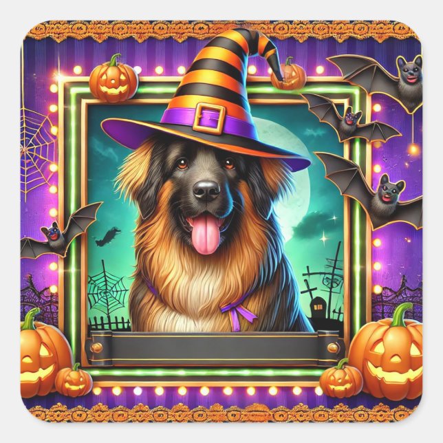 Halloween Dog Witch Hat Cute Spooky Pet Decor Square Sticker (Front)