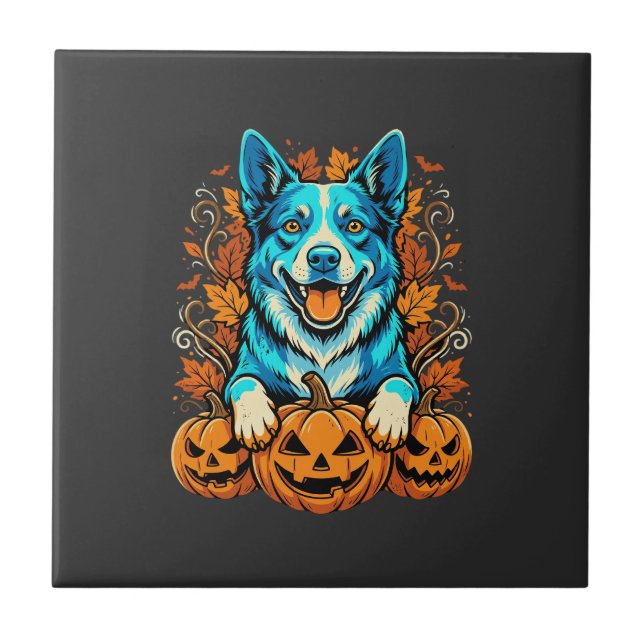 Halloween Dog With Jack O Lantern Pumpkins_1 Ceramic Tile (Front)