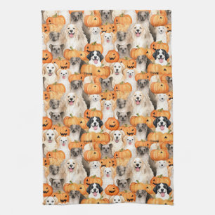 Halloween Dogs - Cute Dog Breeds with Pumpkin 2 Kitchen Towel