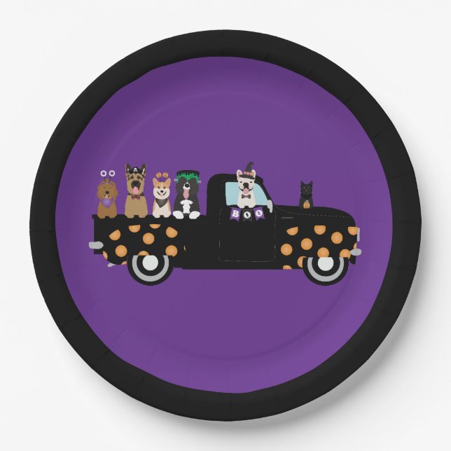 Halloween Dogs In A Pickup Truck Paper Plates (Front)