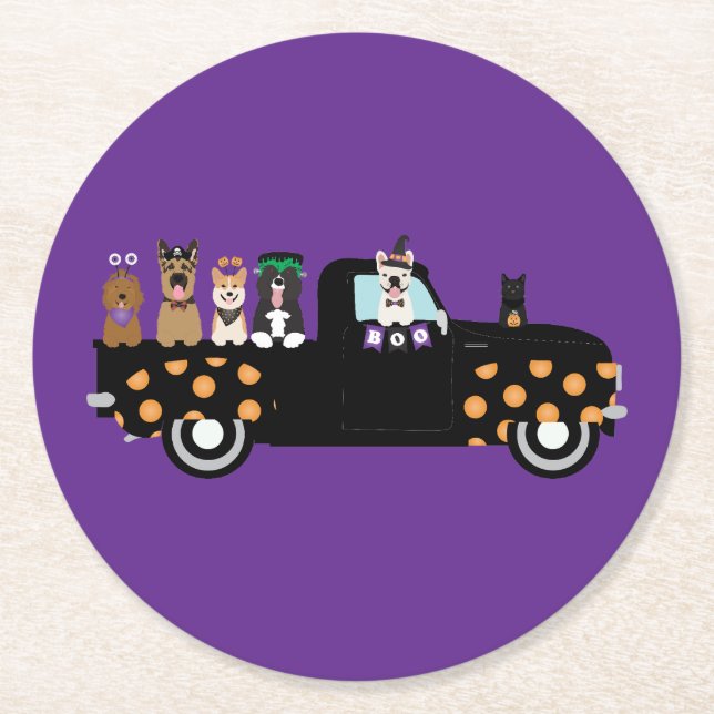 Halloween Dogs In A Pickup Truck Round Paper Coaster (Front)