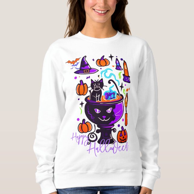 Halloween Doodle Hoodie - Cat Witch Pumpkin Design (Front)